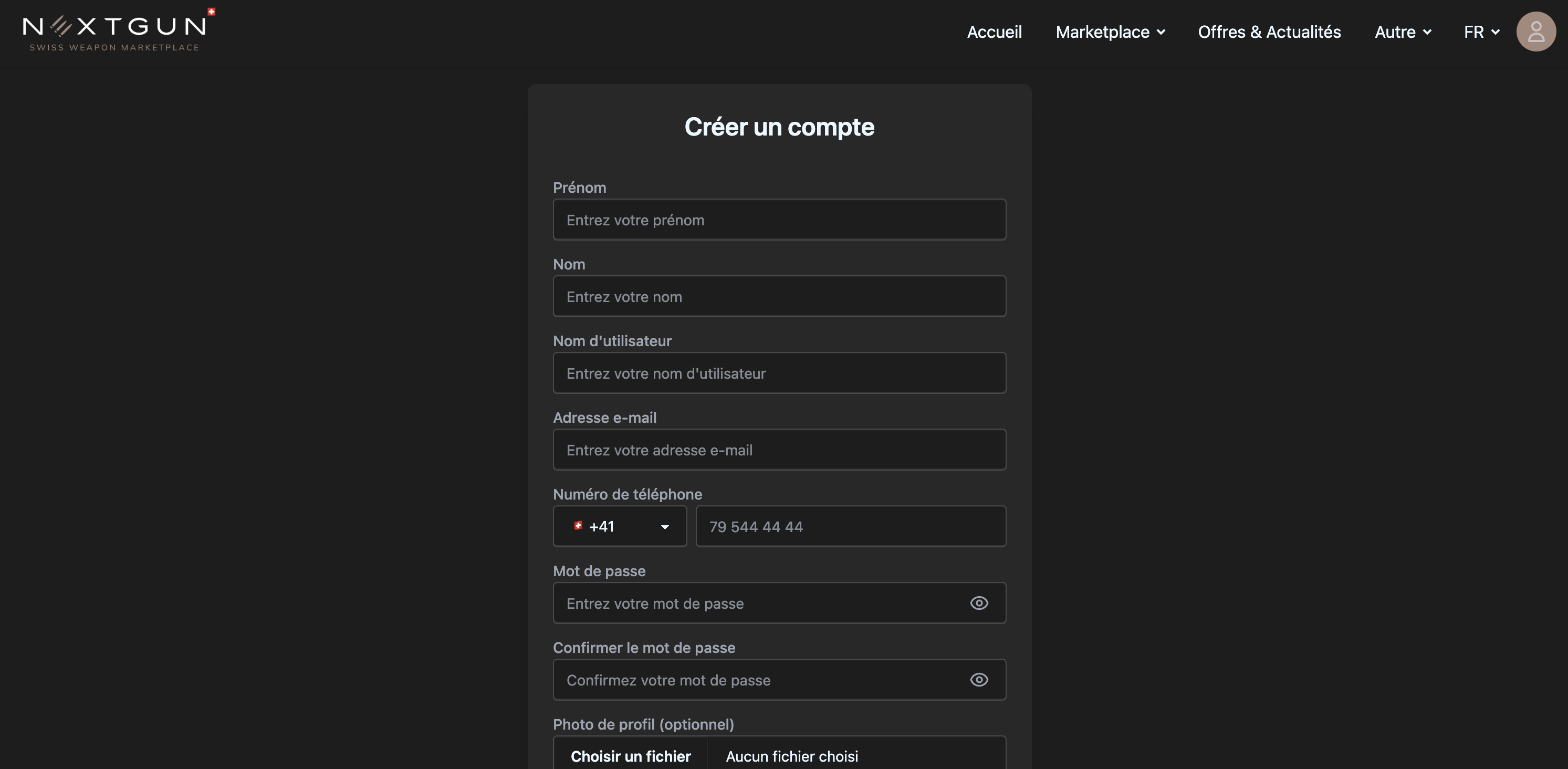 Page de création de compte Nextgun