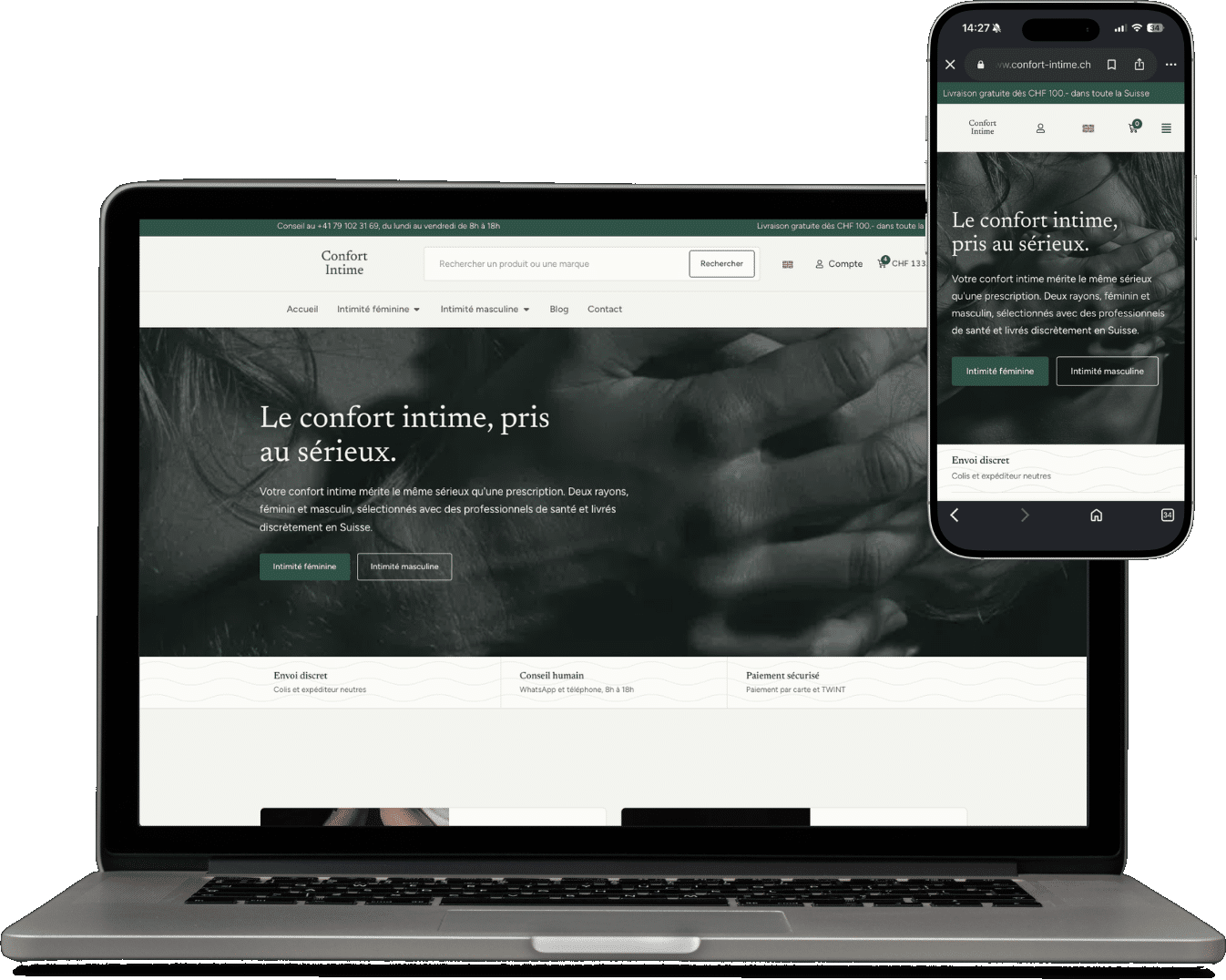 Site Confort Intime sur ordinateur et mobile