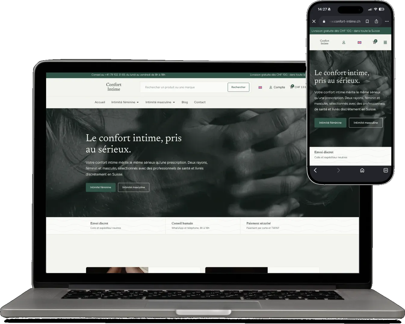 Site Confort Intime sur ordinateur et mobile